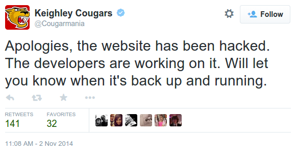 Tweet by Keighley Cougars concerning the defacement, reading: 'Apologies, the website has been hacked. The developers are working on it. Will let you know when it's back up and running.'